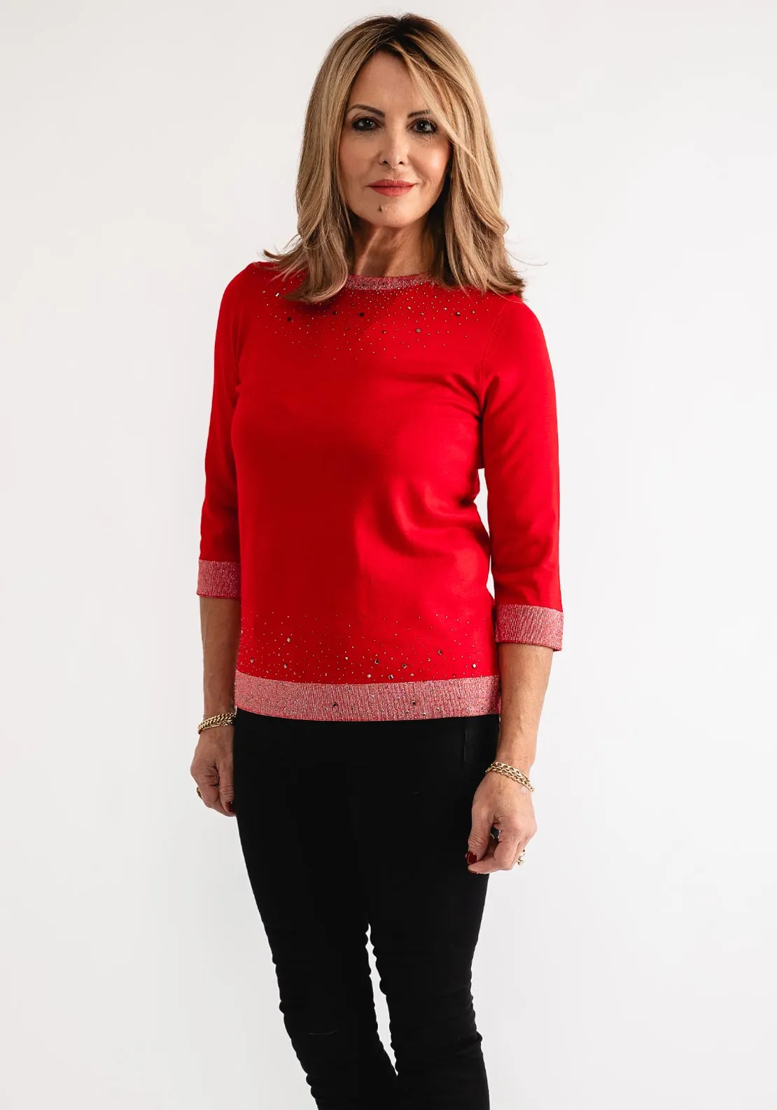 Anonymous Rhinestone Cropped Sleeve Sweater, Red