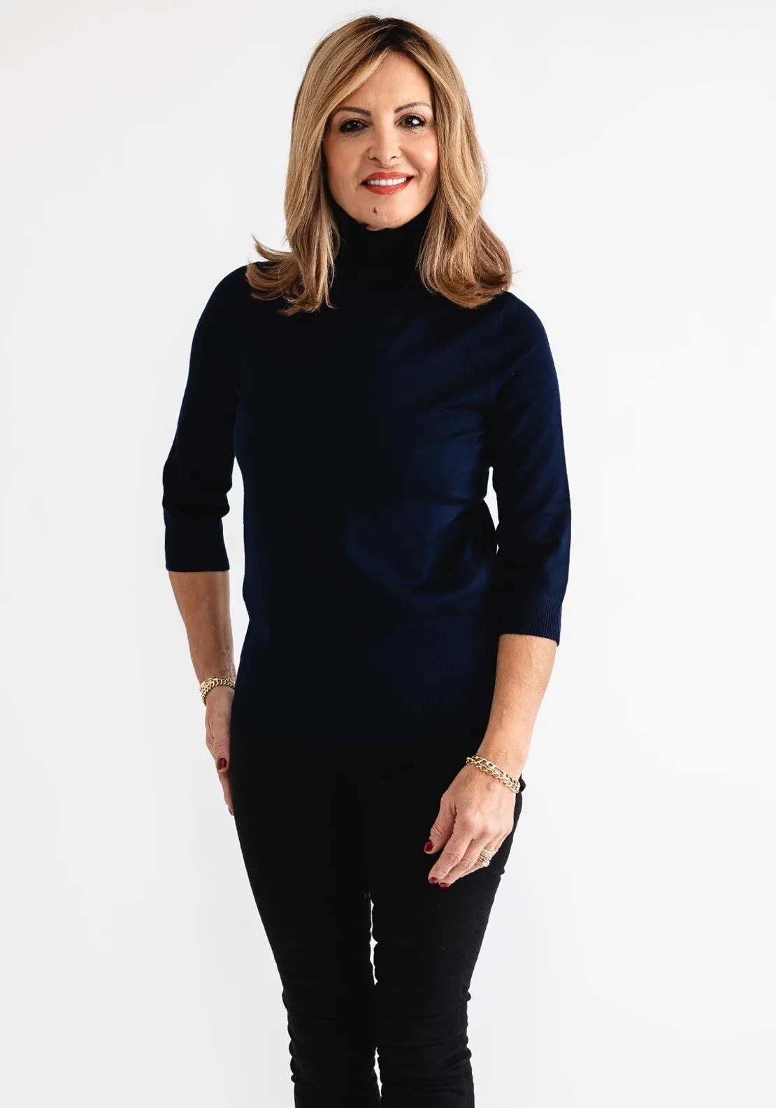 Anonymous Roll Neck Cropped Sleeve Sweater, Navy