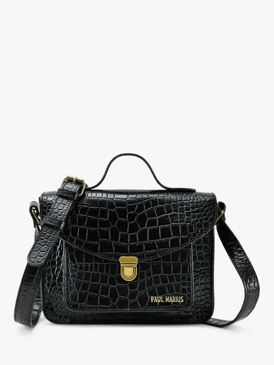 Black Leather Crossbody Bag for Women - Mademoiselle George Alligator Jet Black | PAUL MARIUS