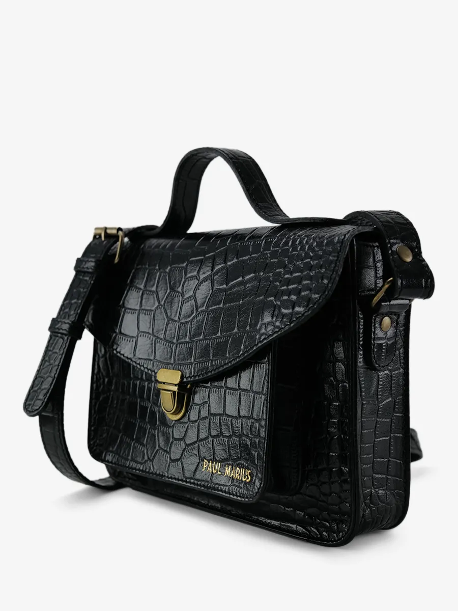 Black Leather Crossbody Bag for Women - Mademoiselle George Alligator Jet Black | PAUL MARIUS