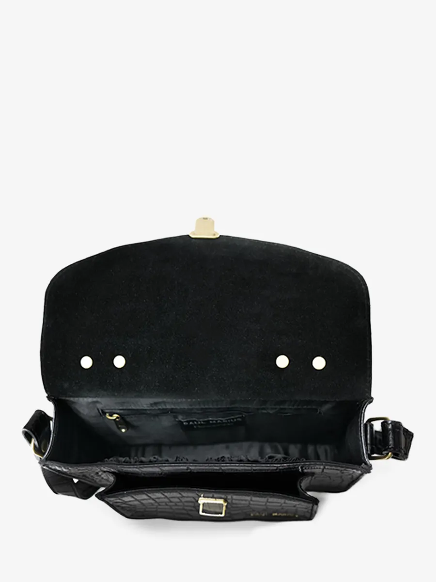 Black Leather Crossbody Bag for Women - Mademoiselle George Alligator Jet Black | PAUL MARIUS