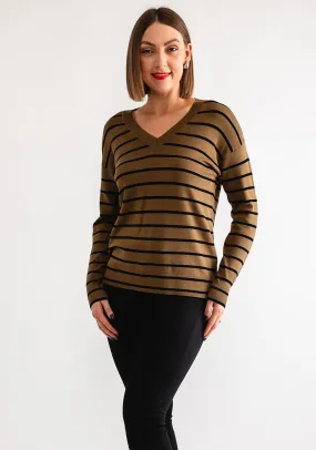 b.young Morla Striped V Neck Sweater, Green