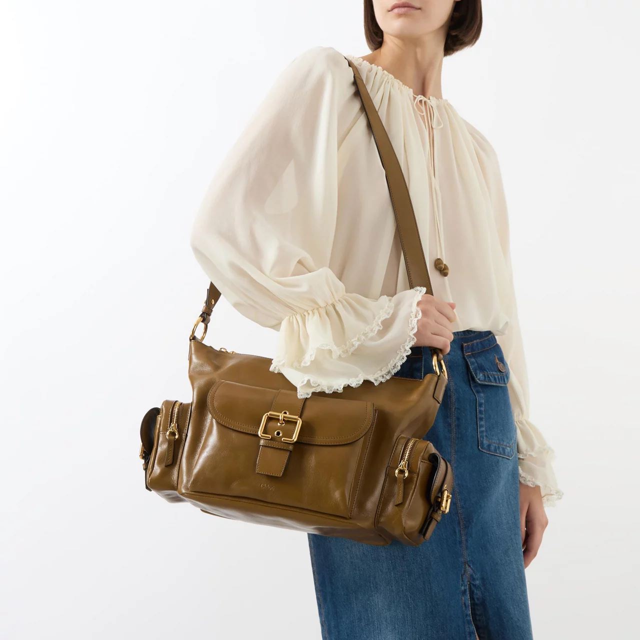 CHLOÉ The Sustainable Edit Glossed Camera Shoulder Bag - Dark Khaki