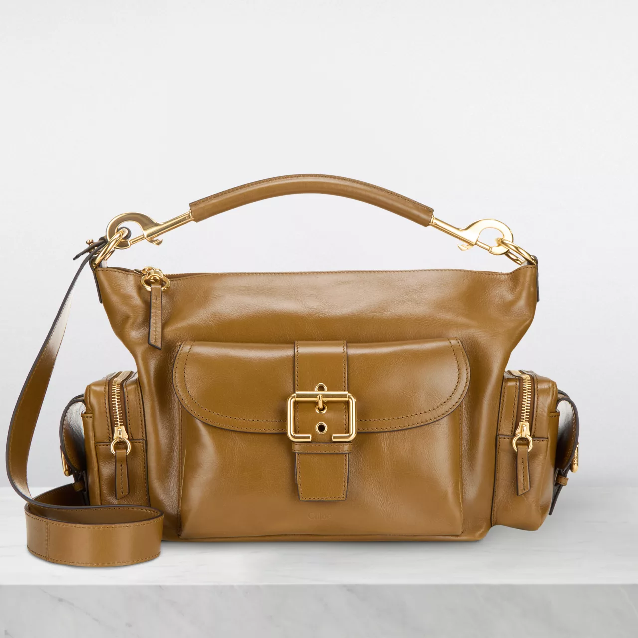 CHLOÉ The Sustainable Edit Glossed Camera Shoulder Bag - Dark Khaki