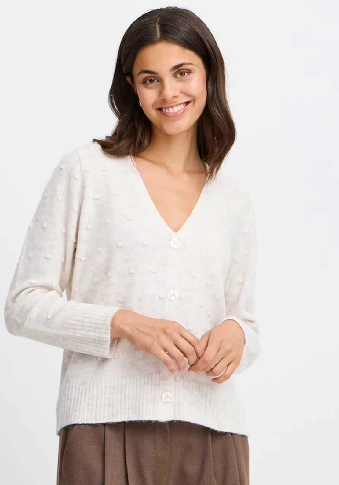 Fransa Elise Bobble Knit V Neck Cardigan, Cream