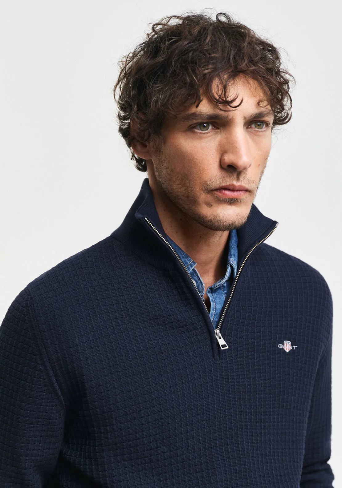 Gant Cotton Textured Half Zip Sweater, Evening Blue