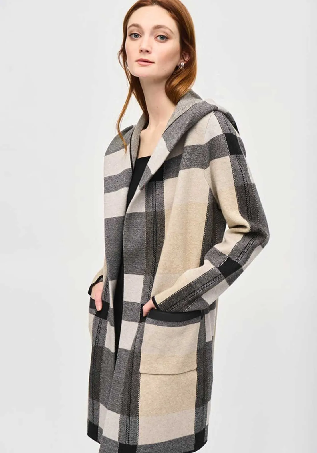 Joseph Ribkoff Check Print Hooded Cardigan, Beige and Grey