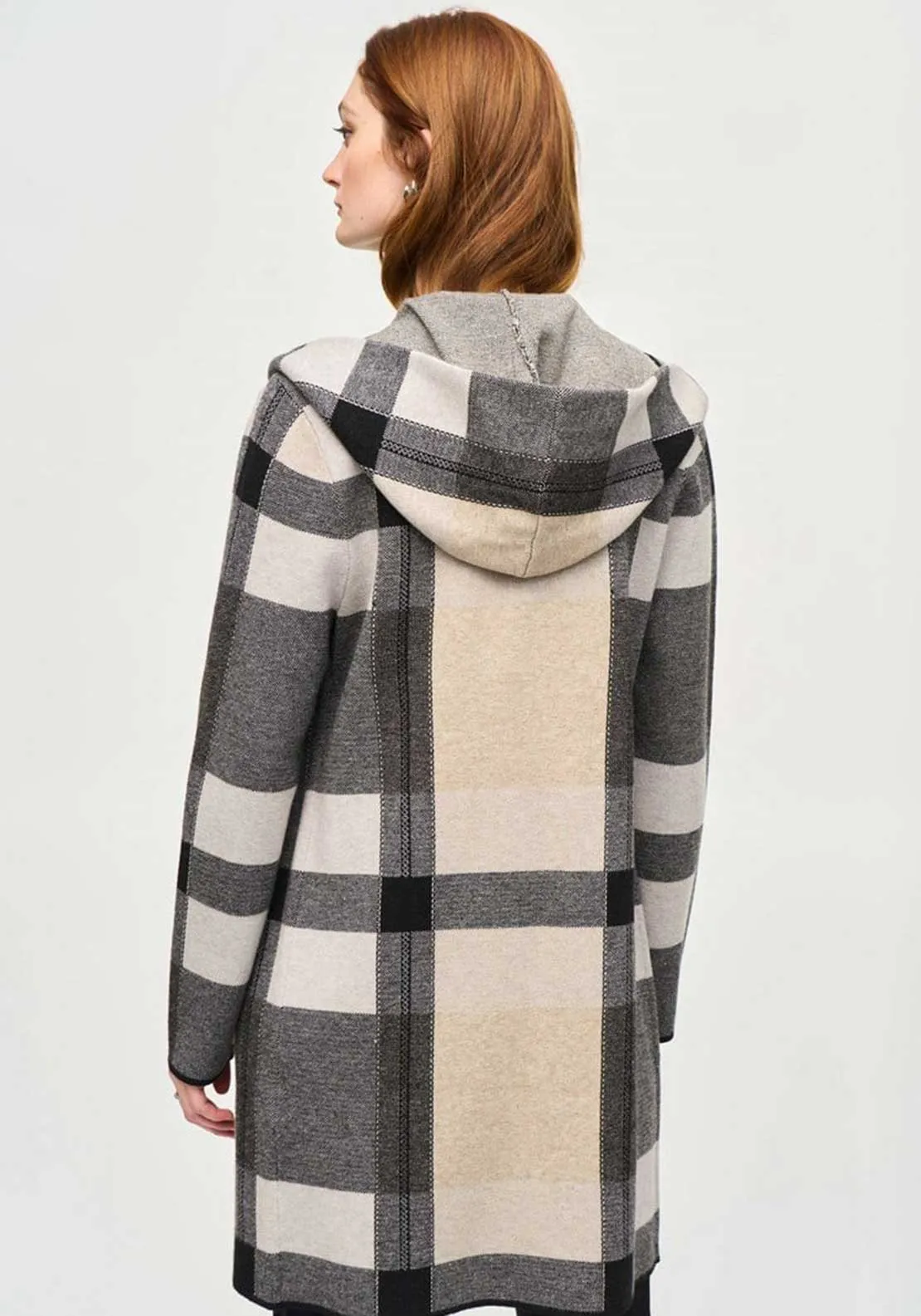 Joseph Ribkoff Check Print Hooded Cardigan, Beige and Grey