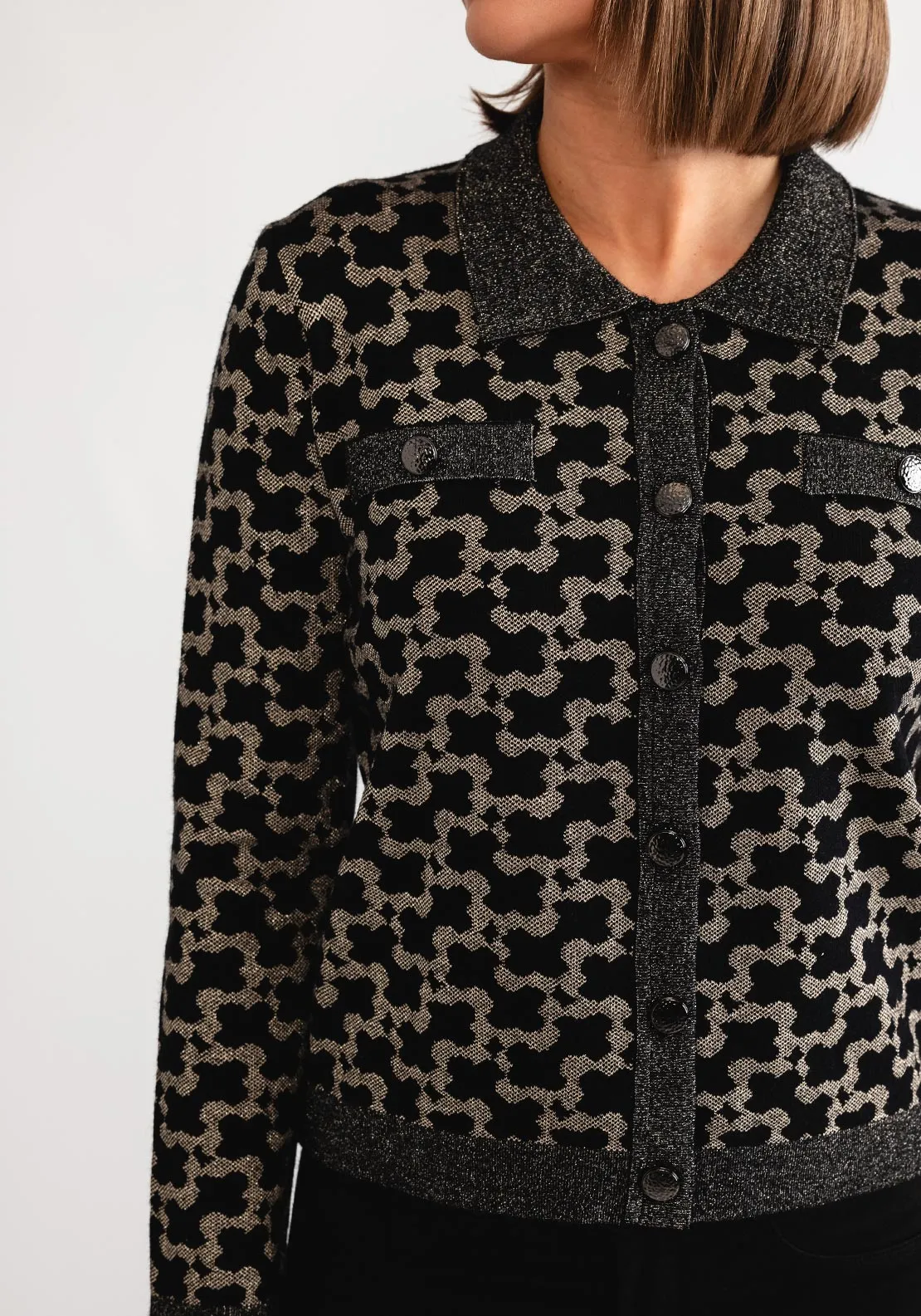 Leo and Ugo Geometric Print Collared Cardigan, Black and Gold