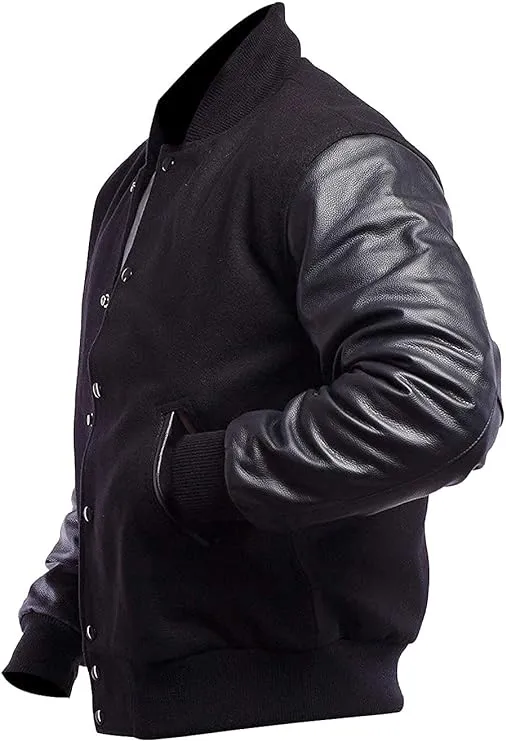 Mens Varsity Wool + Leather Sleeves Jacket - High School College Letterman Baseball Bomber Jacket