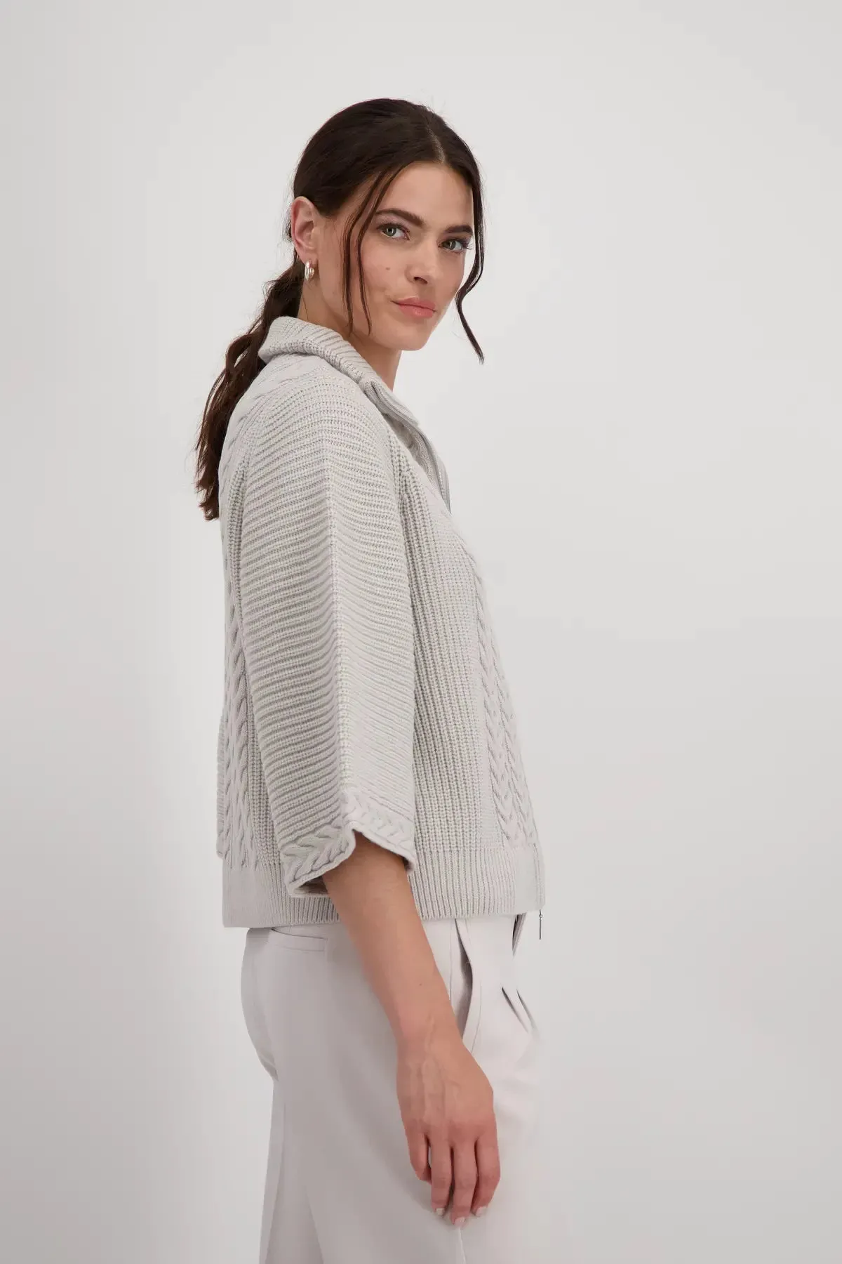 Monari Cable Knit Zip Through Cardigan, Light Grey