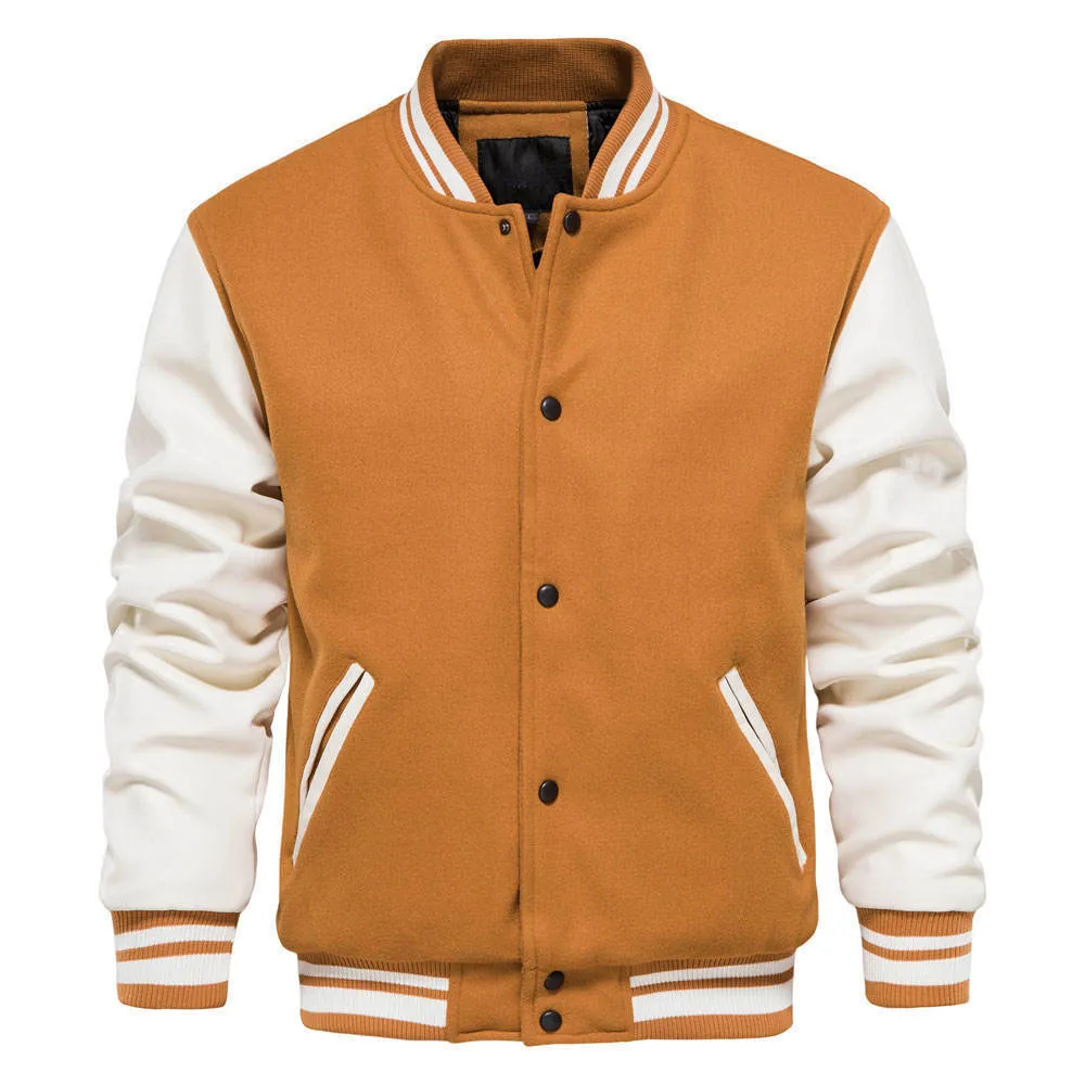 New Varsity Letterman bomber Jacket Camel Wool Body With Cowhide Leather Sleeves