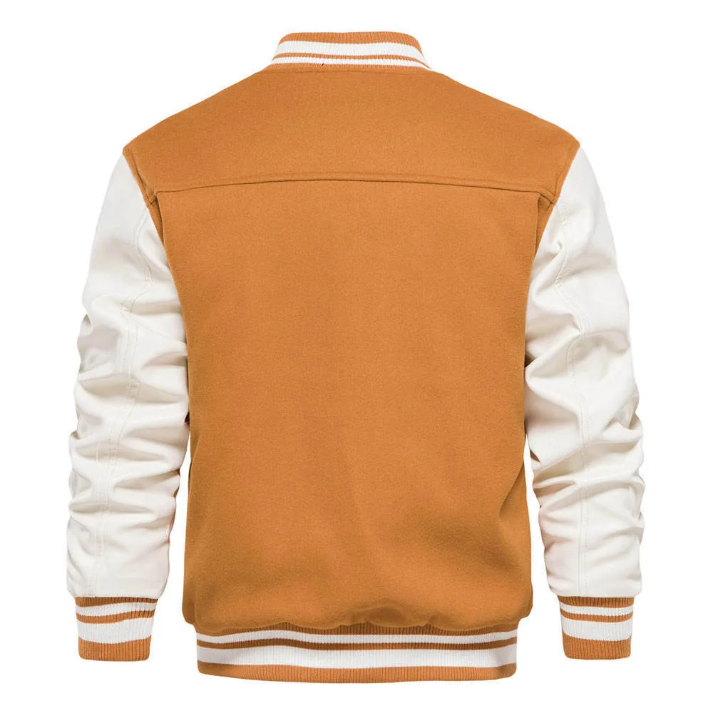 New Varsity Letterman bomber Jacket Camel Wool Body With Cowhide Leather Sleeves