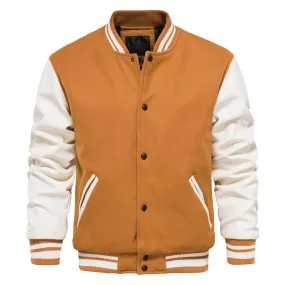 New Varsity Letterman bomber Jacket Camel Wool Body With Cowhide Leather Sleeves