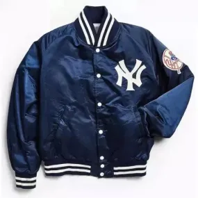 New York Yankees 90s Blue and White Satin Bomber Varsity Jacket For Men