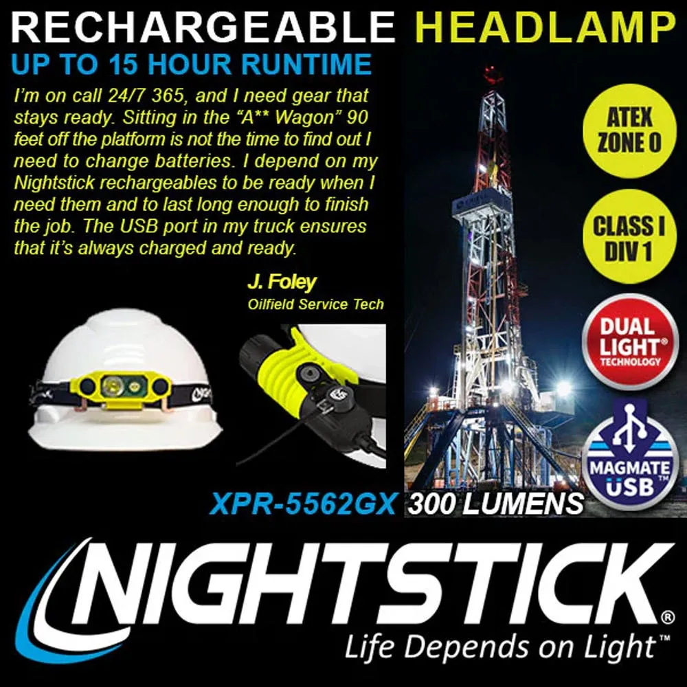 Nightstick Intrinsically Safe [Zone 0] DICATA USB IS Rechargeable Dual-Light Headlamp - 275 Lumens XPR-5562GX