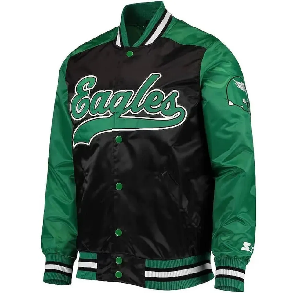 Philadelphia Eagles NFL Black & Green Satin Letterman Varsity Bomber Jacket