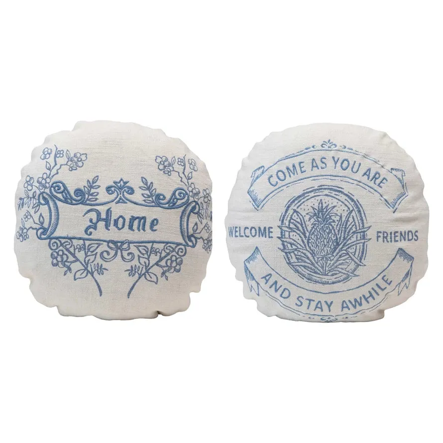 Round Blue & White Pillow with Saying