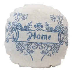 Round Blue & White Pillow with Saying