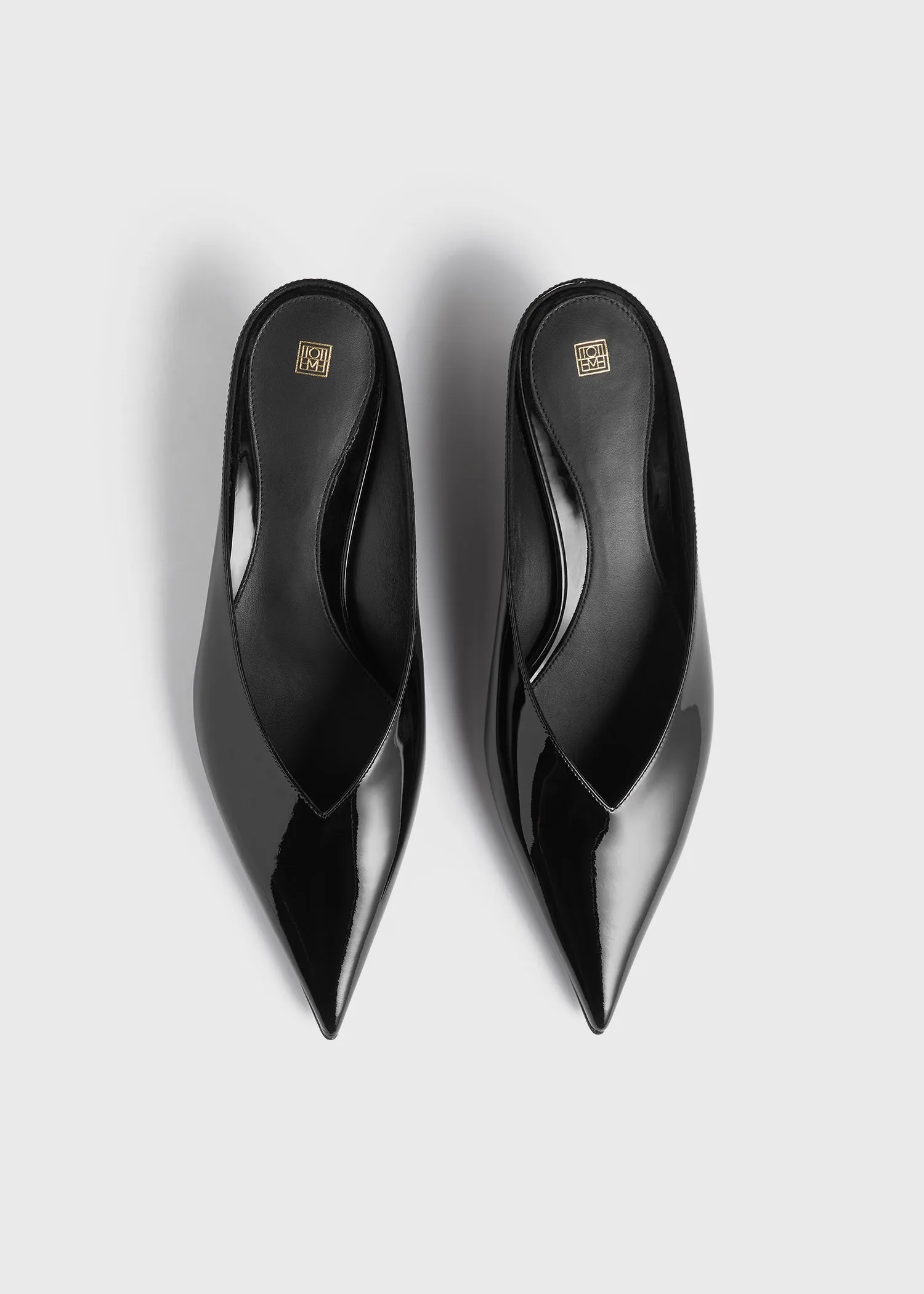 Sharp patent wedge mules black