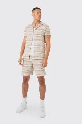 Short Sleeve Textured Stripe Shirt & Short Set | boohooMAN UK