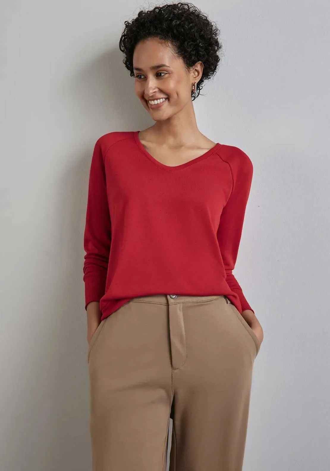 Street One V Neck Long Sleeve Sweater, Red