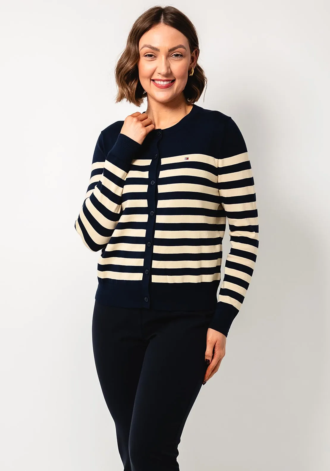 Tommy Hilfiger Womens Striped Fine Knit Cardigan, Navy