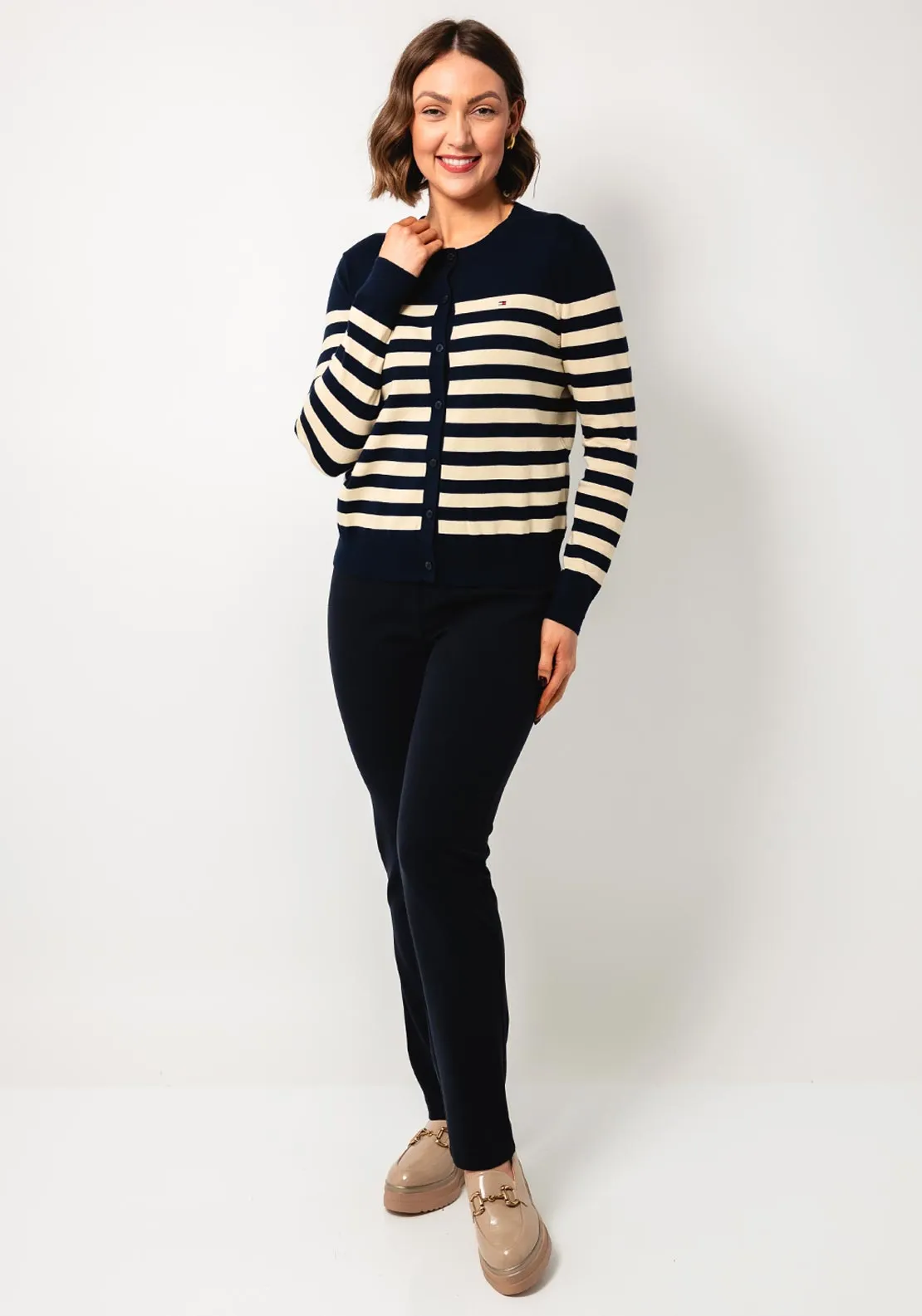 Tommy Hilfiger Womens Striped Fine Knit Cardigan, Navy