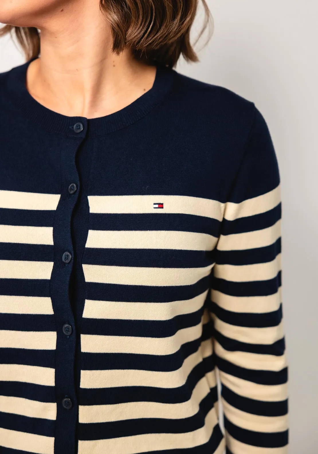 Tommy Hilfiger Womens Striped Fine Knit Cardigan, Navy