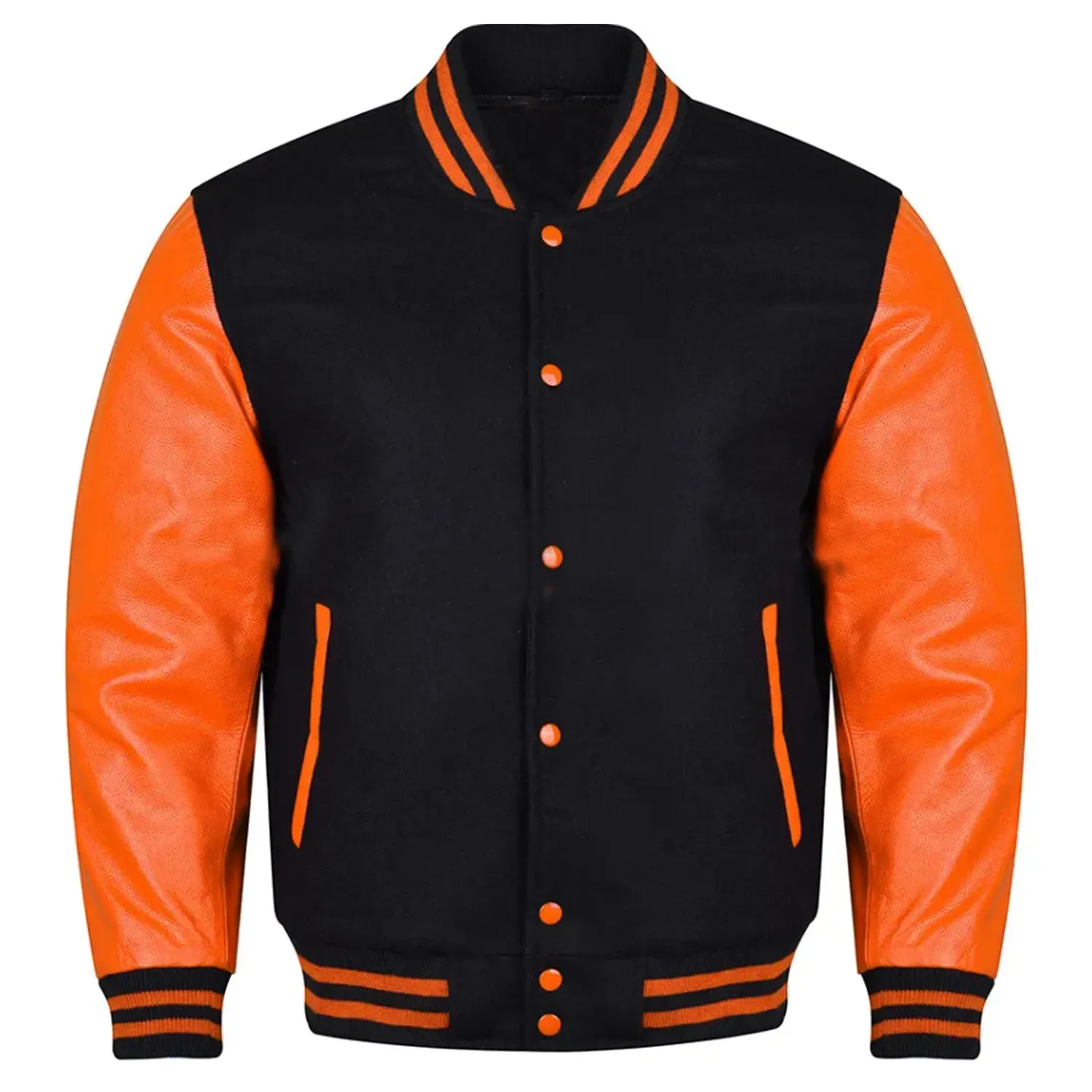 Varsity Black Letterman Baseball Wool &Orange Real Leather Sleeves Jacket