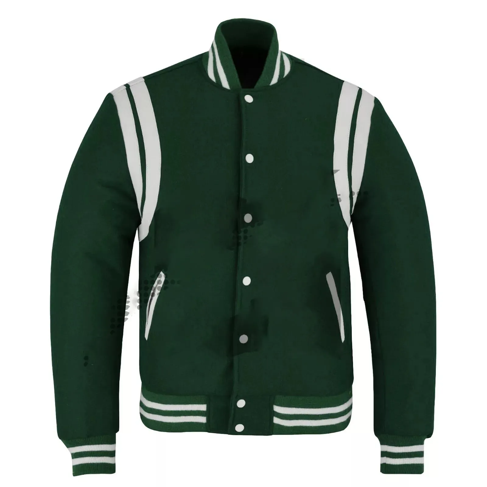 Varsity Bomber Baseball Teddy F-Green Wool & White Leather Strips Stylish Jacket