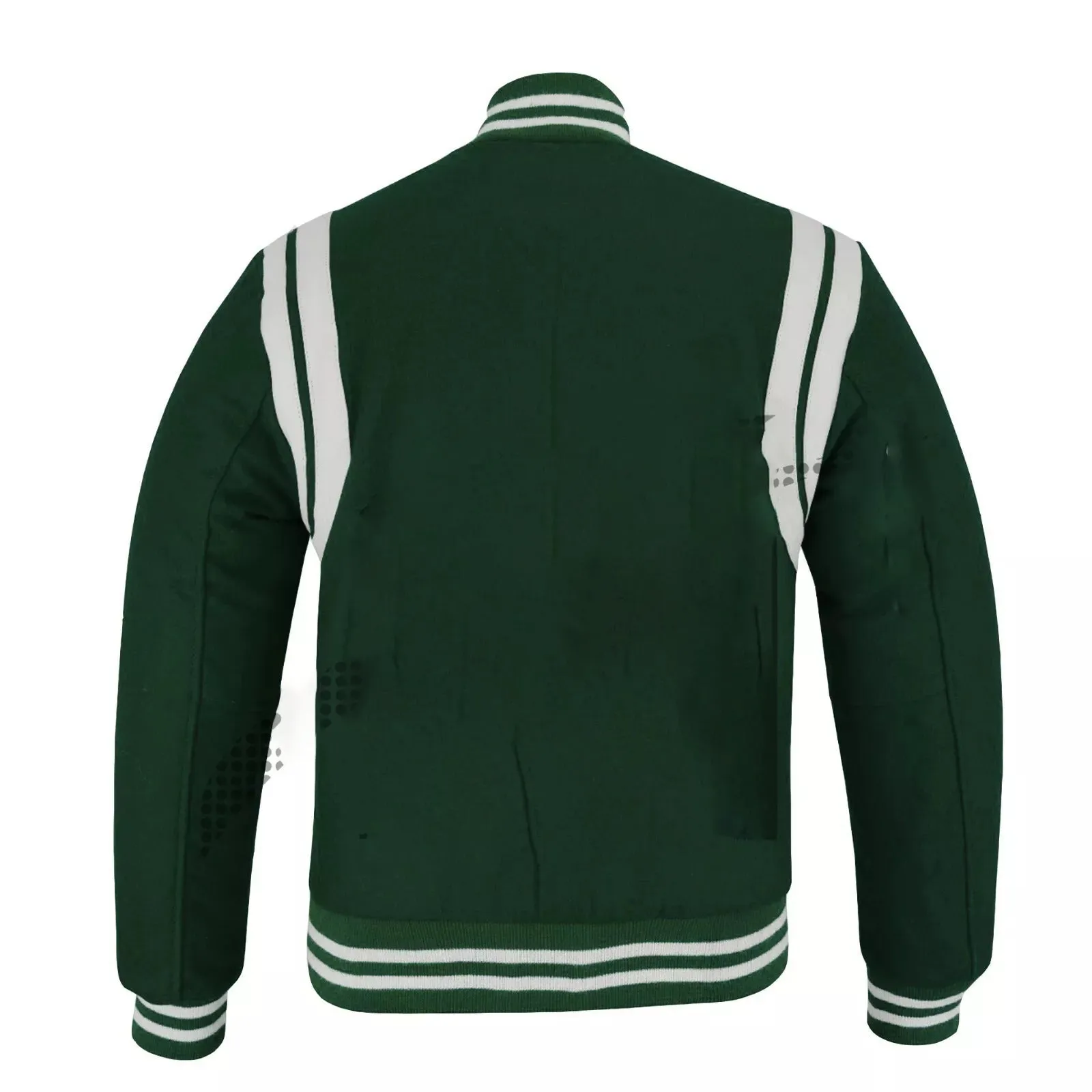 Varsity Bomber Baseball Teddy F-Green Wool & White Leather Strips Stylish Jacket