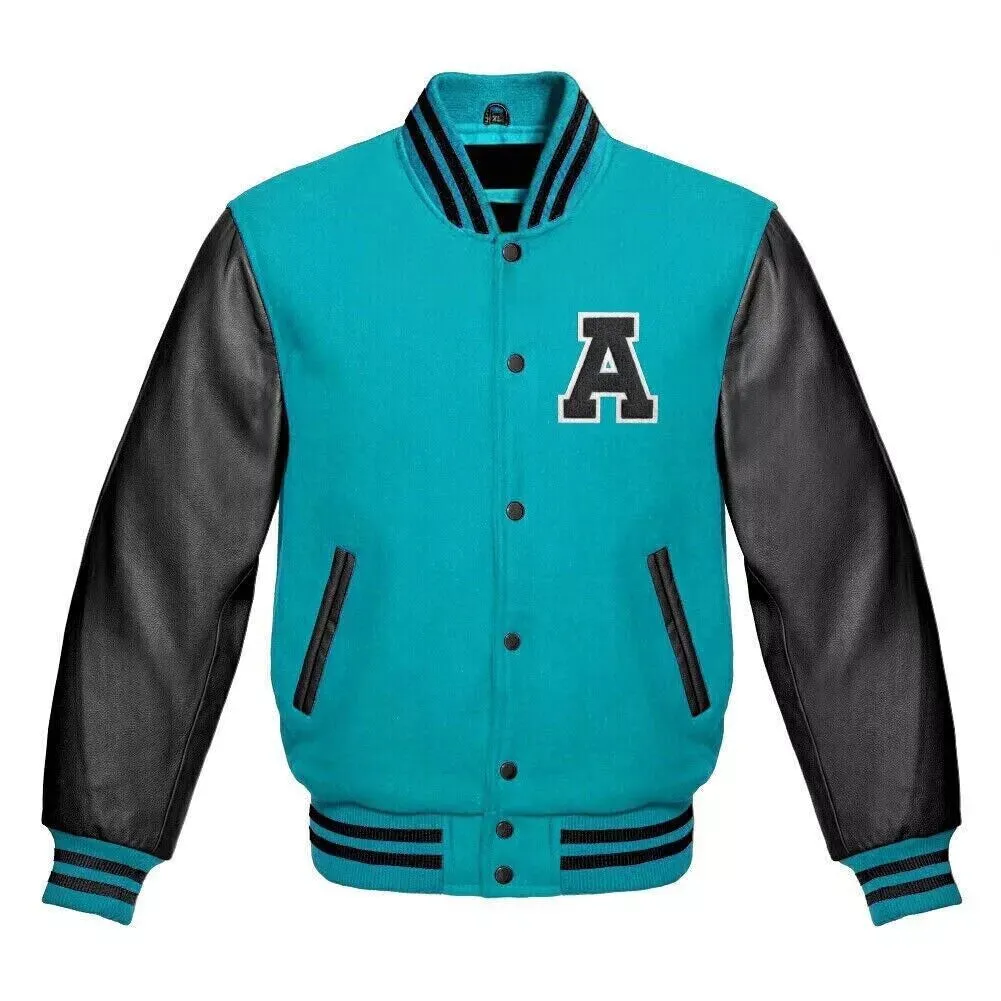 Varsity Letterman Baseball Jacket With Aqua Blue Wool And Genuine Leather Sleeve