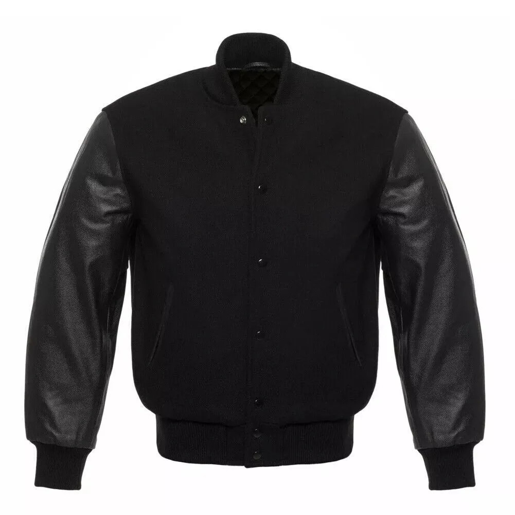 Varsity Letterman Solid Black wool Genuine Leather Sleeves bomber college Jacket-zx