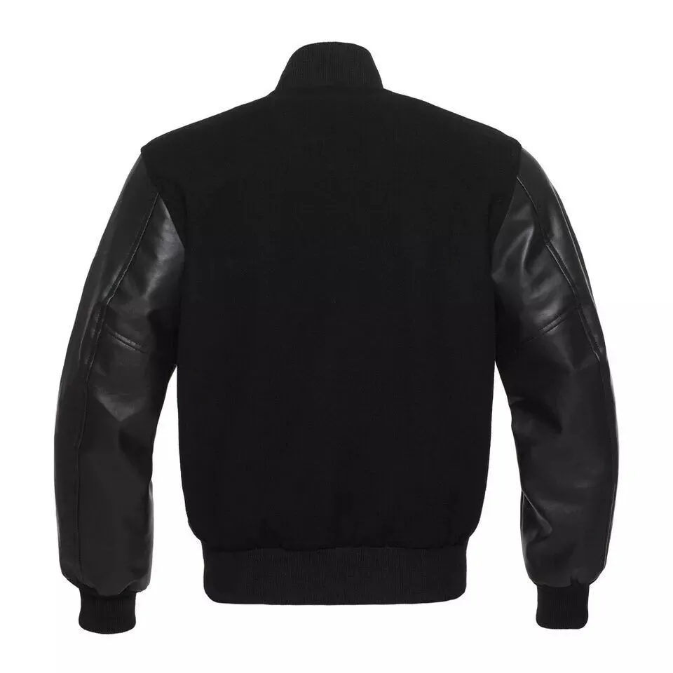 Varsity Letterman Solid Black wool Genuine Leather Sleeves bomber college Jacket-zx