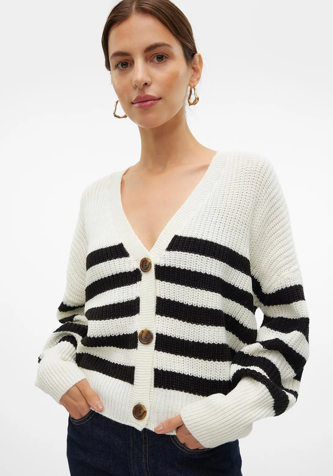 Vero Moda Lea Cropped Striped Button Up Cardigan, Cream and Black