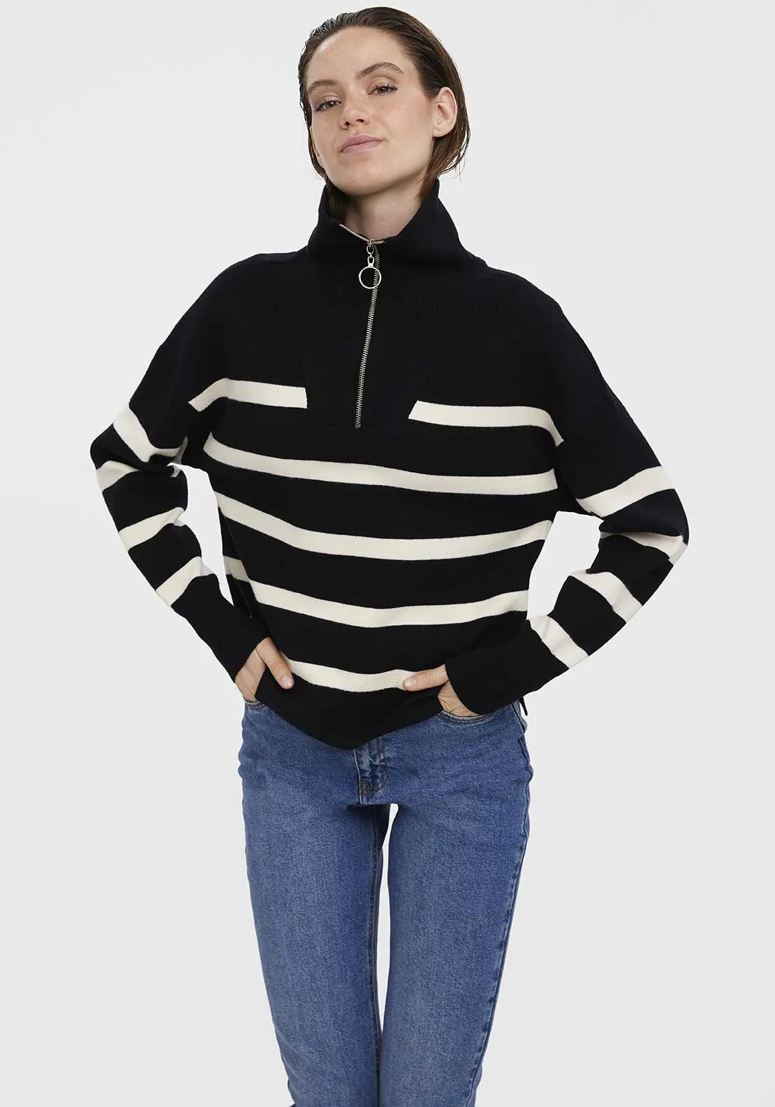 Vero Moda Saba Striped Zip Neck Sweater, Black