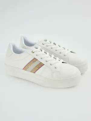 White Shimmer Side Stripe Cupsole Trainers | Women | George at ASDA