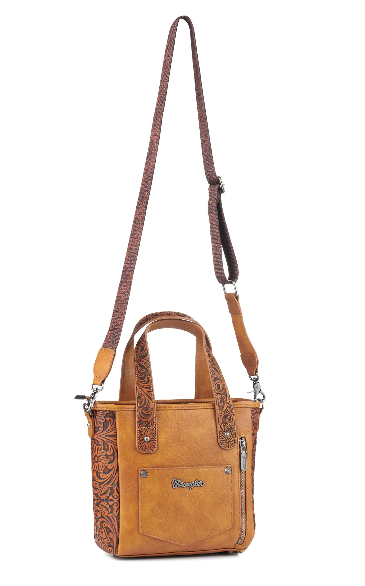 Wrangler Coffee Tooled Floral Square Concho & Fringe Accent Hair on Hide Crossbody Bag